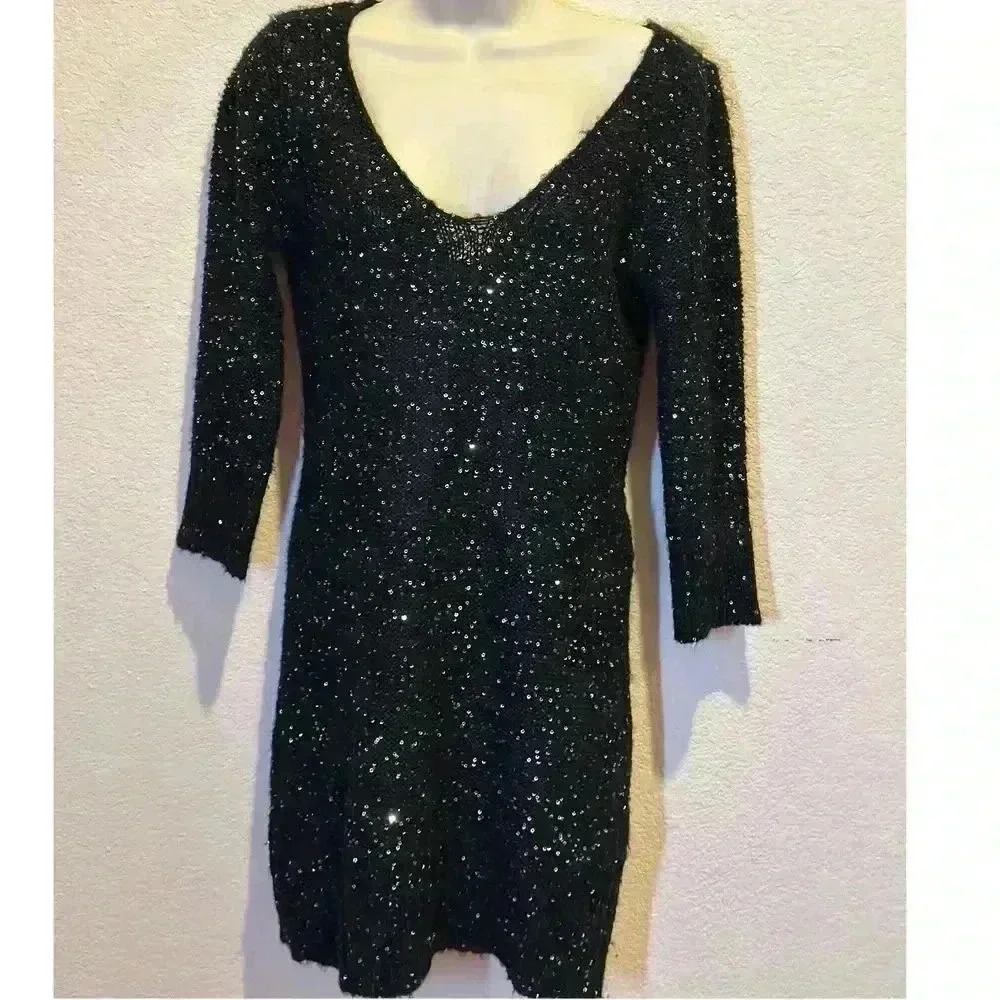 Chelsea & Violet Womens S Sequin Mini Sweater Dress Little Black Dress Holiday